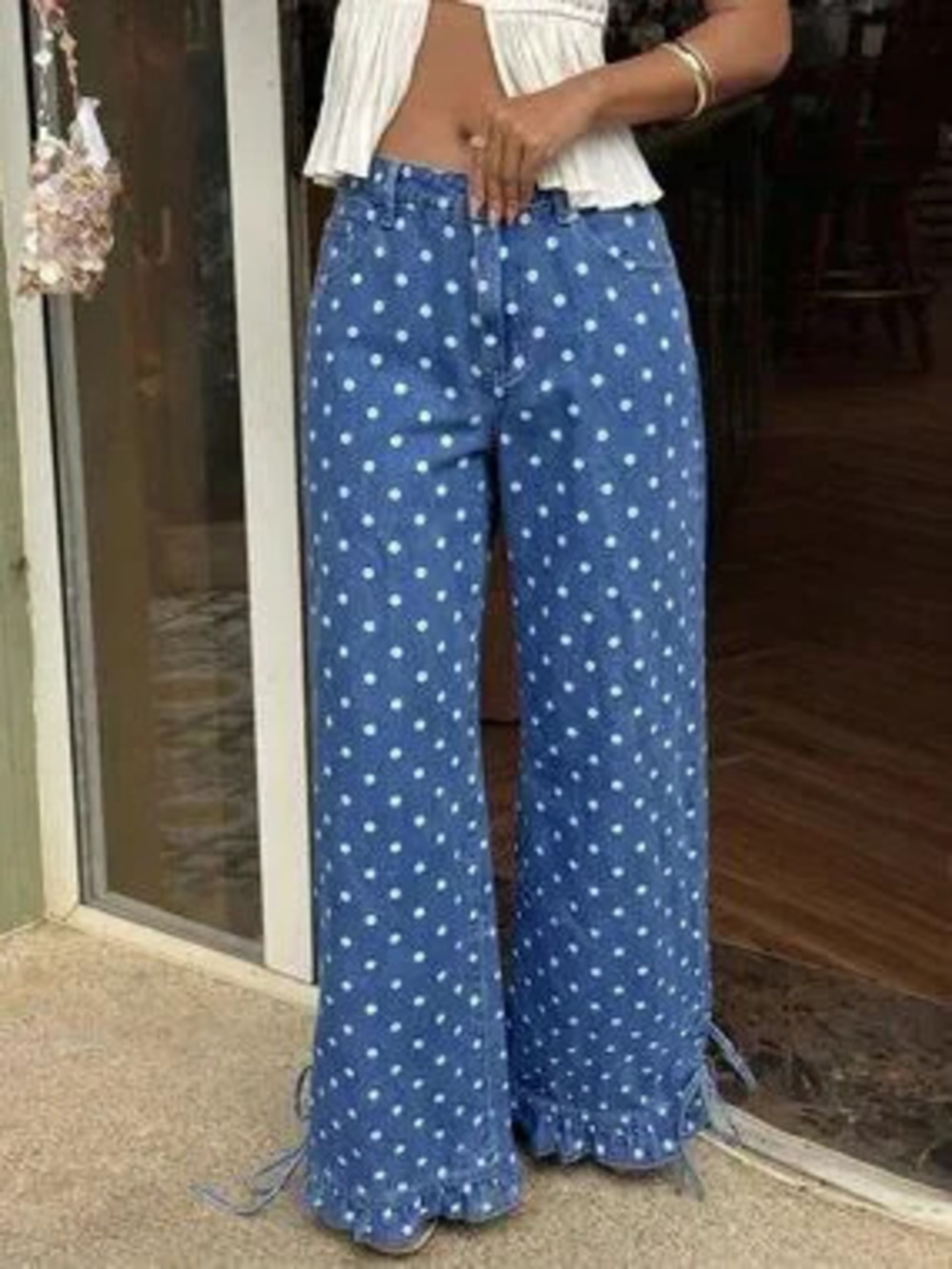 Blue Casual Women's Polka Dot Print Criss-Cross Tie Denim Jeans